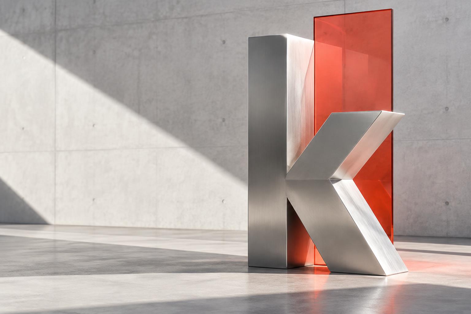 A sculptural metal k alongside a vivid red glass panel